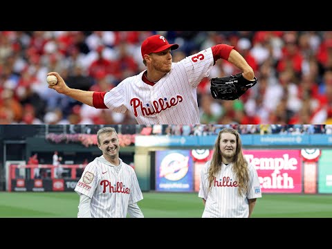Roy Halladays sons Braden and Ryans 1st pitch on the 15-year anniversary of Halladays no-no ❤️