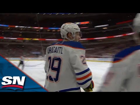 Oilers Leon Draisaitl Takes Feed From Ryan McLeod In Tight To Score Tying Goal