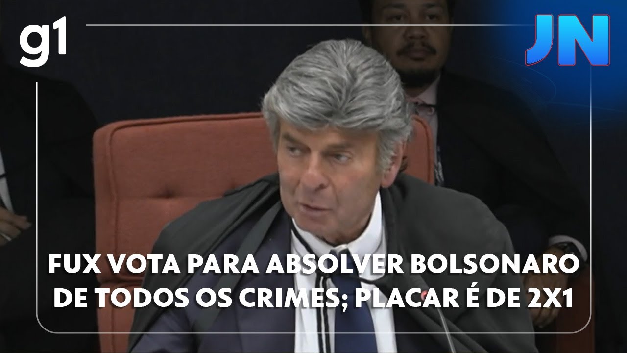 Jornal Nacional Fux vota para absolver Bolsonaro de todos os crimes placar é de 2x1 por condenação