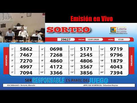 Sorteo de Quiniela - Vespertino  Nº29627 -  13/01/2020- 17:30hs