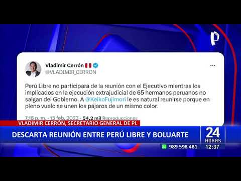 Vladimir Cerrón afirma que Perú Libre no se reunirá con Dina Boluarte