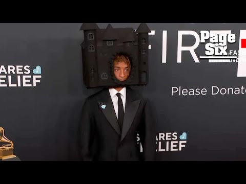 Jaden Smith arrives at the 2025 Grammys wearing castle on his head