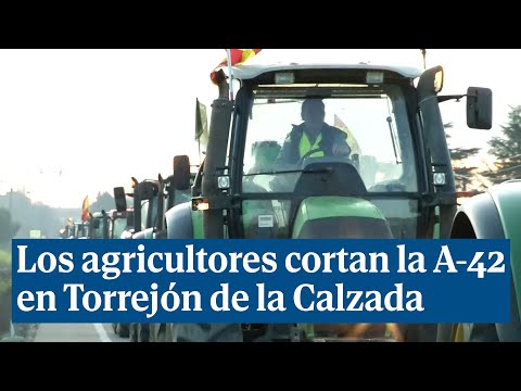 Los agricultores cortan la A-42 en Torrejón de la Calzada por no dejarles avanzar hacia Madrid