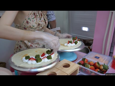 프라이팬으로 만드는 녹차 케이크 아이스크림 크레페 Green tea cake ice cream frying pan crepe - Thai street food