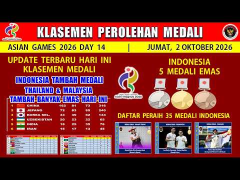 MEDALI INDONESIA HARI INI ~ KLASEMEN PEROLEHAN MEDALI <strong>ASIAN</strong> GAMES 2026 <strong>DAY</strong> 14 - JUMAT 2 OKTOBER 2026