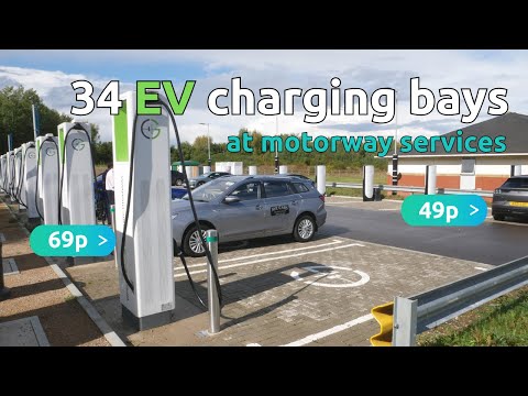 The future of charging at UK motorway services. 34 EV bays (& lower price Tesla V4 Superchargers)