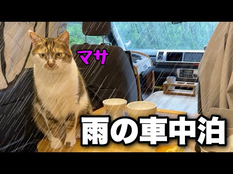 【猫と車中泊】雨音と猫のゴロゴロ音を聞きながら過ごす静かな夜｜居酒屋マサで温かい鍋と日本酒