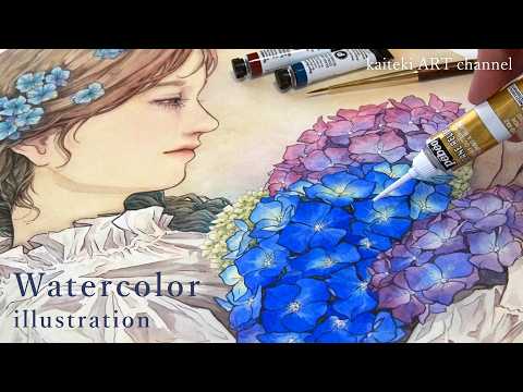 【水彩イラストメイキング】紫陽花と女の子🐌Behind the Scenes of a Beautiful Hydrangea Watercolor Illustration
