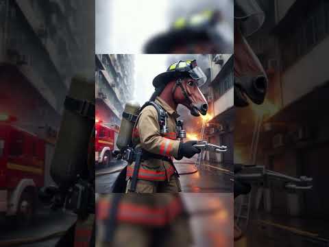 A firefighter with a horse head stands in a smoky urban alley, holding a hose, with a fire truck 🚒