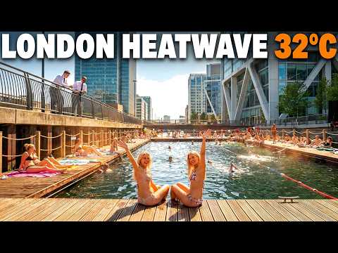 London’s NEW Outdoor Pool! ☀️ 32°C Canary Wharf Heatwave Summer Walk [4K HDR]