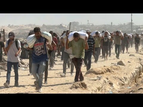 Palestinians transport bags of flour in northern Gaza Strip | AFP