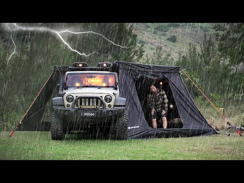I camped in Heavy RAIN and Thunder STORMS sheltered under a Car Awning. Relaxing Solo Camping ASMR