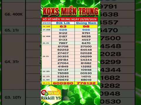Kết quả xổ số Miền Trung thứ 3 ngày 29/9/2026 (<strong>xs</strong> Đắk Lắk, <strong>xs</strong> Quảng <strong>Nam</strong>)