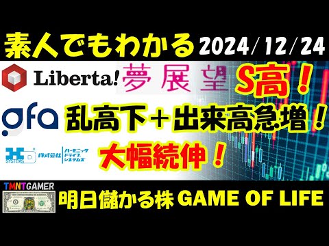 【明日のテンバガー株・高配当株】夢展望！リベルタ！S高！GFA！乱高下＋出来高急増！ハーモニック・ドライブ・システムズ！リベルタ！大幅続伸！【20241224】