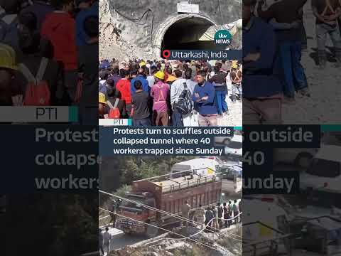 Protests turn to scuffles outside collapsed tunnel where 40 workers trapped since Sunday #itvnews