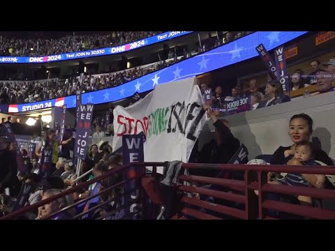 Protest group unfurls banner against Biden at Chicago convention