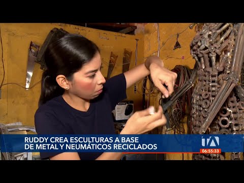 Ruddy Cordero es una artista ecuatoriana que hace esculturas con metal y neumáticos reciclados