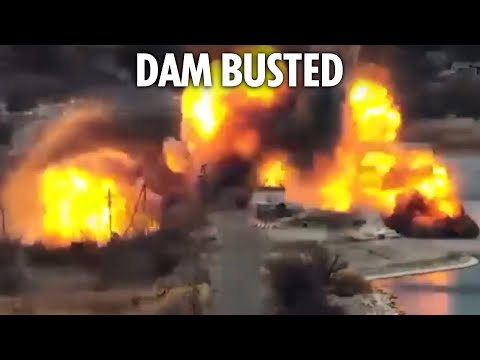 Shocking moment Ukrainian dam is BLOWN UP ‘by Russian shelling’ flooding frontline villages as Putin