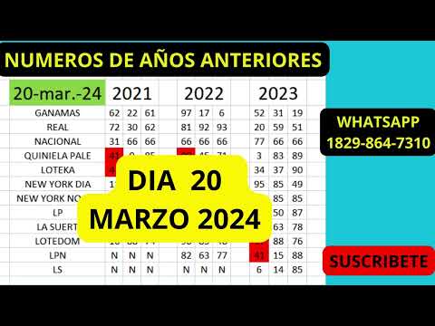 NUMEROS PARA  HOY 20 DE MARZO AÑOS ANTERIORES MR TABLA