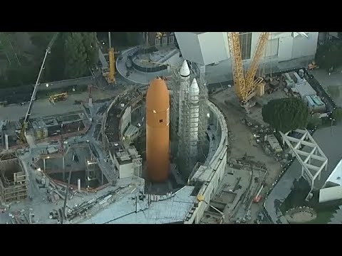 Space shuttle Endeavour's massive fuel tank installed for display at California Science Center