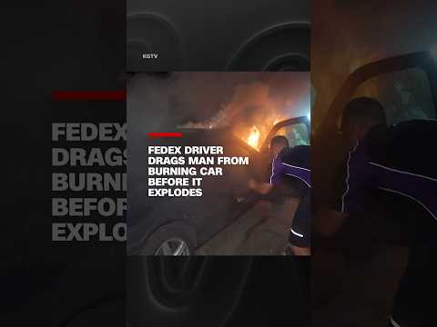 Fedex Driver drags man from burning car before it explodes