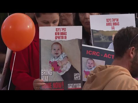 People rally in Tel Aviv to call for the release of baby Kfir Bibas from Hamas captivity