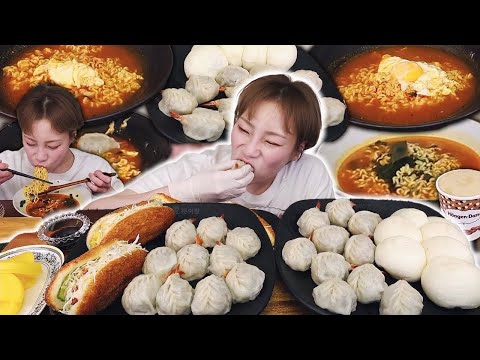 새우만두🦐 달달 찐빵 & 소세지 야채빵 사이드는 뭬님표 라면 4그릇🍜250422/Mukbang, eating show