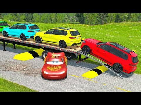Flatbed Truck McQueen | Transportation with Truck - Pothole vs Car #50 | BeamNG.Drive Gameplay
