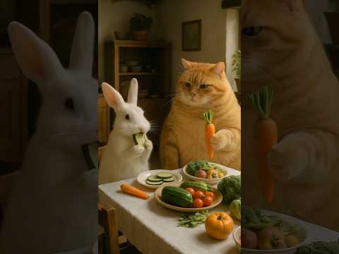 The Cat Invited His Friend The Rabbit And Gave Him Fresh Vegetables to Eat | #mrh_rasel #cat #rabbit
