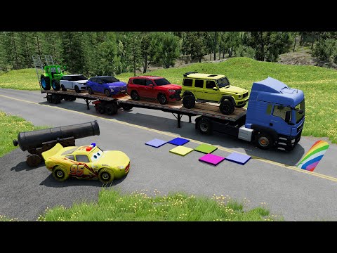 Flatbed Truck McQueen | Transportation with Truck - Pothole vs Car #4| BeamNG.Drive Gameplay