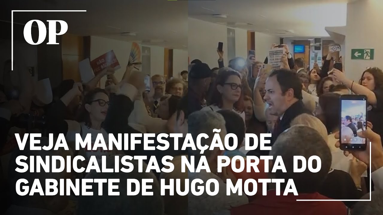 Veja o momento que sindicalistas entram na câmara e protestam no gabiente de Hugo Motta
