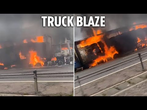 Moment flames engulf lorry on major motorway sparking travel carnage