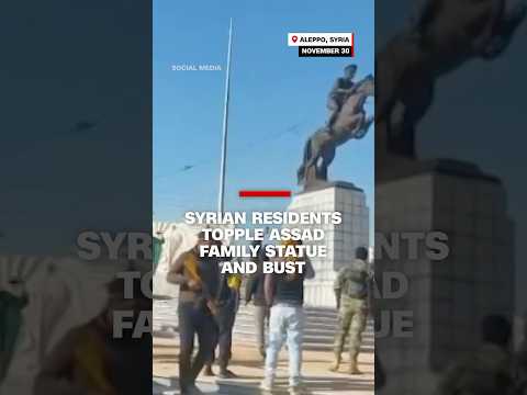 Syrian residents topple Assad family statue and bust