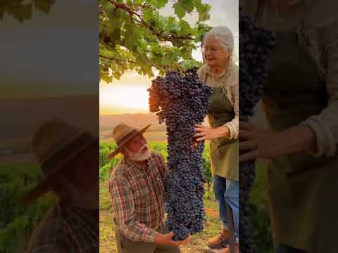 A cinematic 8K shot of an old couple harvesting massive purple grapes at golden sunset. 🍇✨