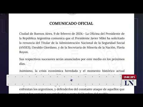 Comunicado de la Oficina del Presidente: Milei pidió la renuncia de Osvaldo Giordano y Flavia Royón