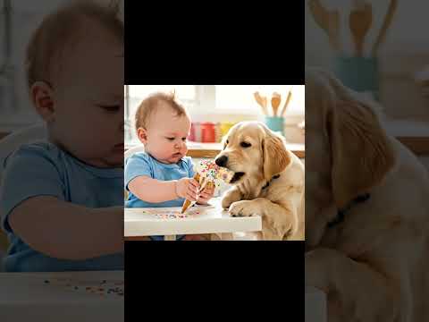 Cute baby and dog are eating ice cream together #cutebaby #cutedog #lovelybaby