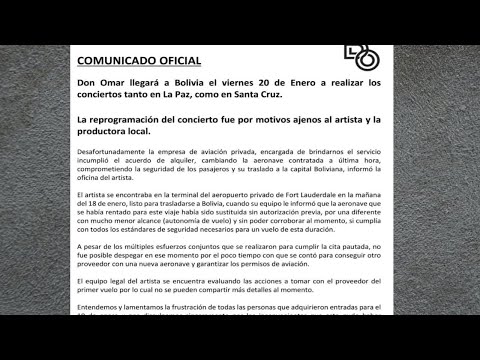 Emiten comunicado de reprogramación del concierto de Don Omar en La Paz