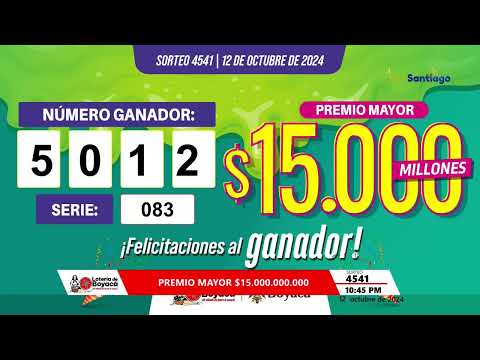 Premio Mayor | Lotería de Boyacá Sorteo 4541 #CanalTelesantiago 12 de octubre 2024