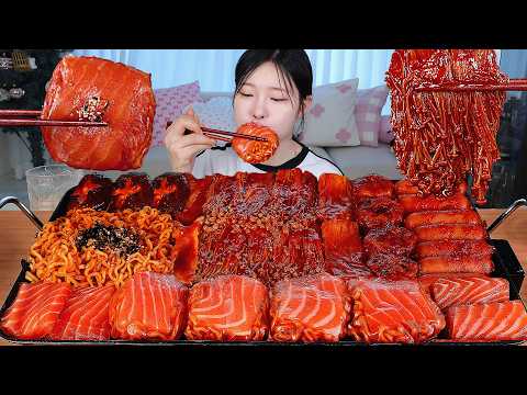 <strong>ASMR</strong> MUKBANG| 직접 만든 불닭 버섯 연어불닭쌈 소세지 먹방 &amp; 레시피 SPICY MUSHROOMS <strong>AND</strong> FIRE NOODLES EATING