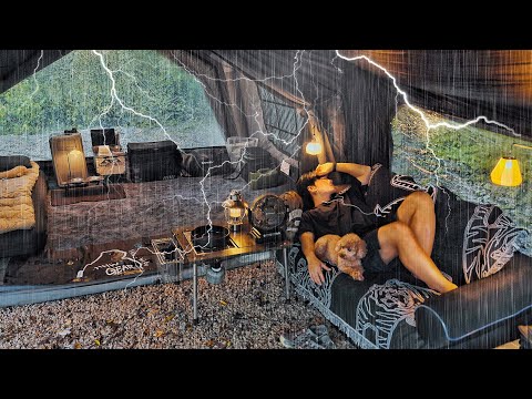 Extreme Camping in Heavy Rain with My Dog . 2-Room Inflatable Tent . Sound of Rain ASMR