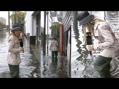 ¡MISIÓN IMPOSIBLE! La complicada tarea de Sandra Borghi cruzando una calle en medio de la inundación