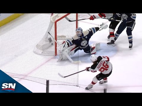 Blue Jackets Elvis  Merzlikins Robs Devils Jack Hughes Twice With Unreal Saves