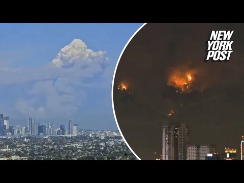 Time-lapse shows bridge fire growing over 24 hours near Los Angeles, CA