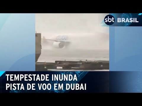 Avião fica quase submerso após chuva nos Emirados Árabes | SBT Brasil (16/04/24)
