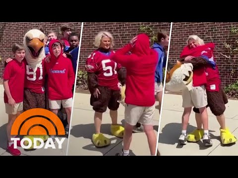 Mom dressed as mascot surprises son after military deployment