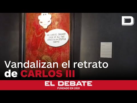 Dos animalistas vandalizan el nuevo retrato rojo de Carlos III en una galería de Londres