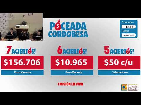 Sorteo de Quiniela POCEADA CORDOBESA N° 1835 - 09/06/2023.-