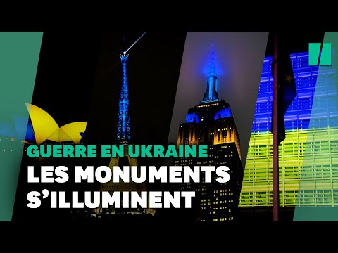 Après un an de guerre en Ukraine, les monuments du monde s’illuminent en jaune et bleu