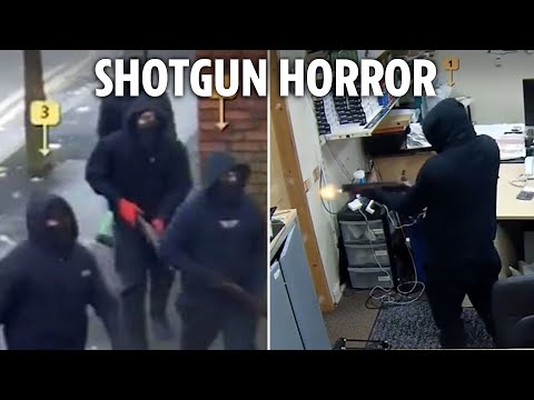 Terrifying moment masked thugs fire SHOTGUN at staff in brazen daylight shop raid