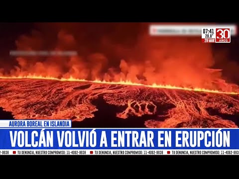 Islandia: volcán entró en erupción en medio de una aurora boreal